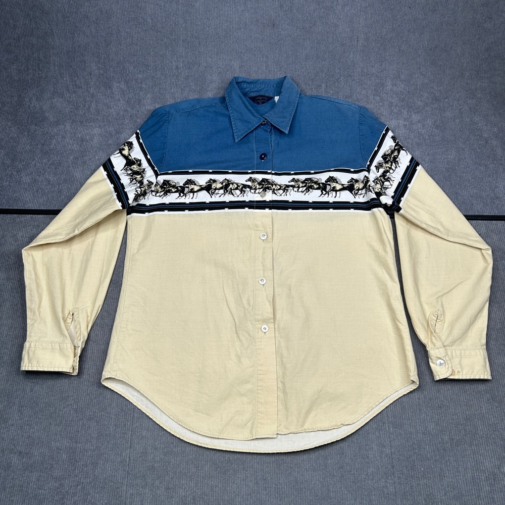 Roper Horse Print Western y2k Shirt Blue Tan Colorblock Button Down XL Vintage